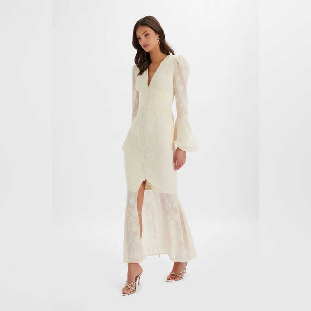 Lavish Alice Cream Long Sleeve V-Neck Midi Dress with Sheer Hem